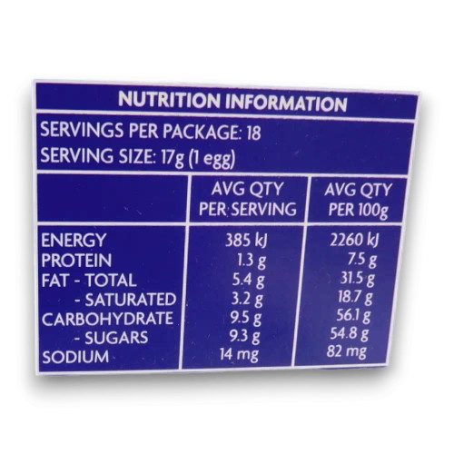 Nutritional information of Cadbury Dairy Milk Hollow Eggs, 18 eggs in a 306g box.