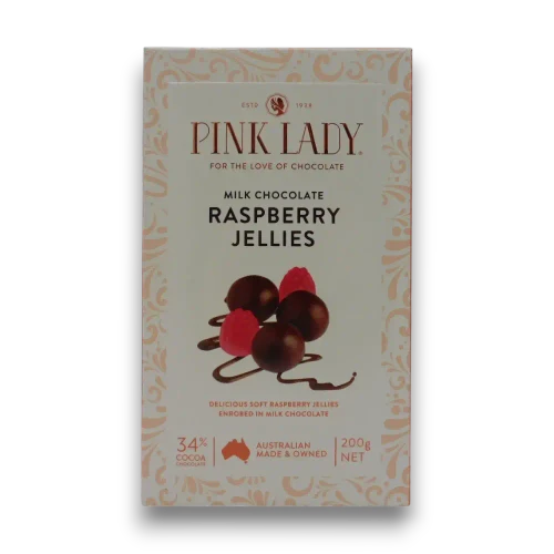 Pink Lady Milk Chocolate Raspberry Jellies in a 200g gift box, from The Professors Online Lolly Shop.