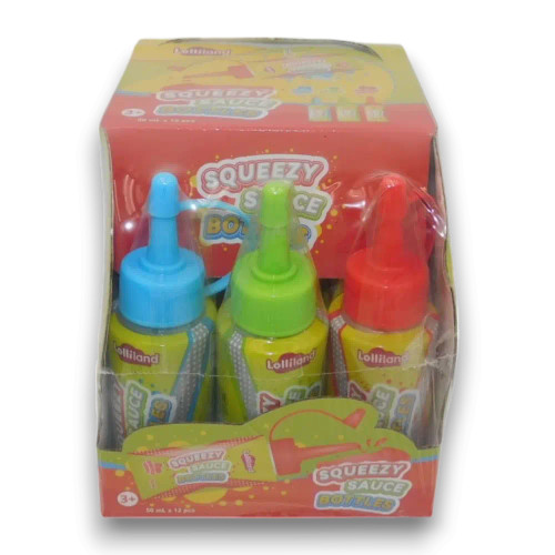 Squeezy Sauce Bottles 12x50ml pack showing bright red, blue, and green squeeze bottles, available at The Professors.