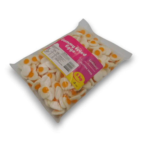 Fried egg shaped peach-flavoured gummy lollies in bulk packaging, available at The Professors Online Lolly Shop.