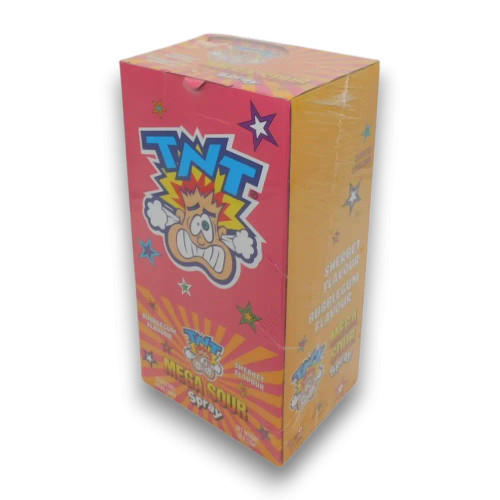 TNT Mega Sour Spray 12 x 110ml display box featuring bubblegum and sherbet flavours, available at The Professors Online Lolly Shop. TNT Mega Sour Spray 12 x 110ml display box featuring bubblegum and sherbet flavours, available at The Professors Online Lolly Shop.