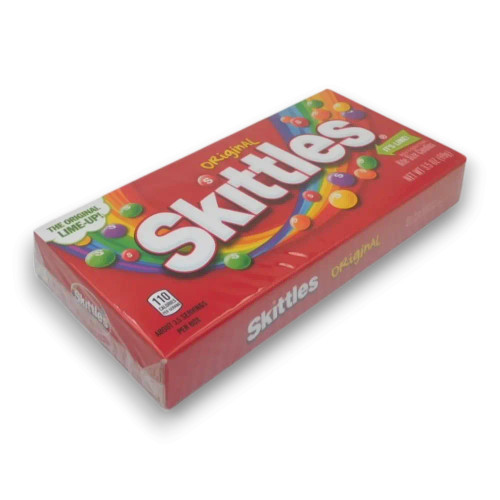 Skittles Theatre Box 99g featuring original fruit flavours in classic red packaging, available at The Professors Online Lolly Shop. Skittles Theatre Box 99g featuring original fruit flavours in classic red packaging, available at The Professors Online Lolly Shop.
