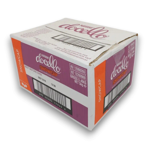 Nestlé Docello Snowcap White Chocolate Buttons 5kg box, available at The Professors Online Lolly Shop.