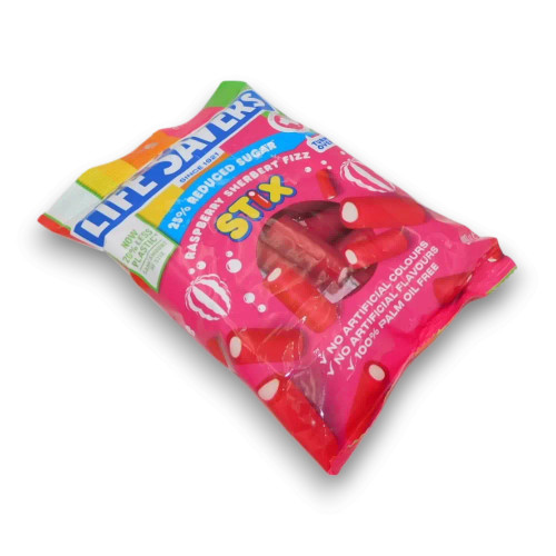 Life Savers 25% Less Sugar Raspberry Fizz Stix pack with pink and rainbow design, available at The Professors Online Lolly Shop.