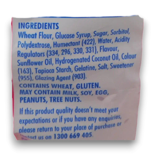 Ingredients list of Life Savers Reduced Sugar Raspberry Sherbet Fizz Stix 200g bag .