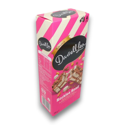 Darrell Lea Rocklea Road Milk Chocolate 290g box with two chunky slabs of milk chocolate, marshmallow, coconut and peanuts. Darrell Lea Rocklea Road Milk Chocolate 290g box with two chunky slabs of milk chocolate, marshmallow, coconut and peanuts.