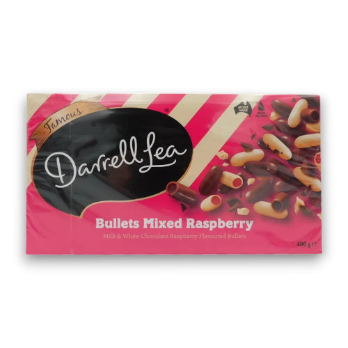 Darrell Lea Bullets Mixed Raspberry box with raspberry liquorice and chocolate coating, available at The Professors.
