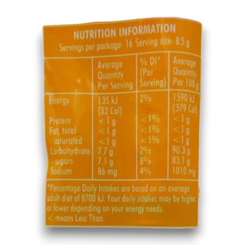 Nutritional information of Life Savers Fruit Tingles 4 pack of 34g rolls.