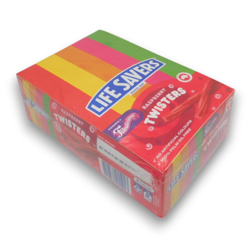 Life Savers Raspberry Twisters in a display box with soft chewy raspberry sticks, available at The Professors Online Lolly Shop.