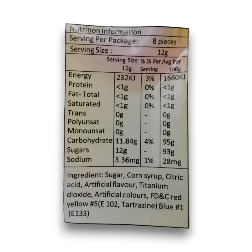 Nutrition information panel for Sweet Treats Candy Bracelets 96g bag containing 8 x 12g wearable candy bracelets.