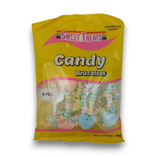 Sweet Treats Candy Bracelets 96g bag containing 8 individually wrapped 12g candy bracelets at The Professors Online Lolly Shop.