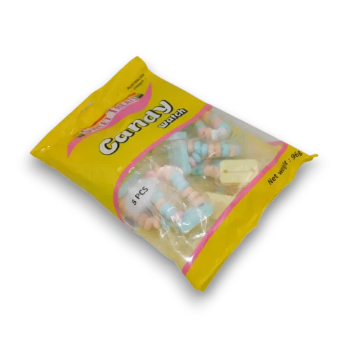 Edible novelty candy watches in 96g pack with pastel beads and watch faces, available at The Professors Online Lolly Shop.
