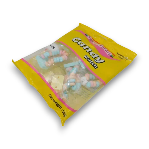Sweet Treats Candy Watch 96g bag with 8 individually wrapped edible watches, available at The Professors Online Lolly Shop.