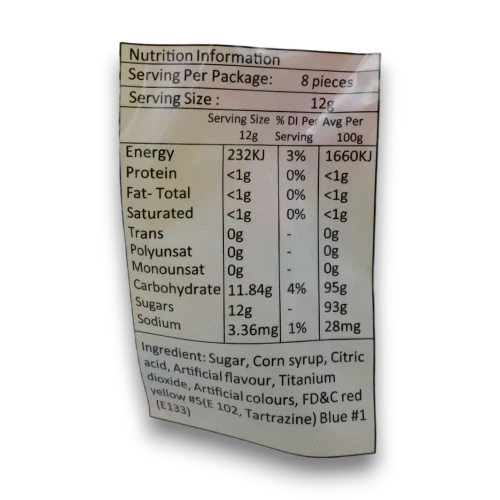 Nutrition information panel for Sweet Treats Candy Watch 96g bag containing 8 x 12g wearable candy watches.
