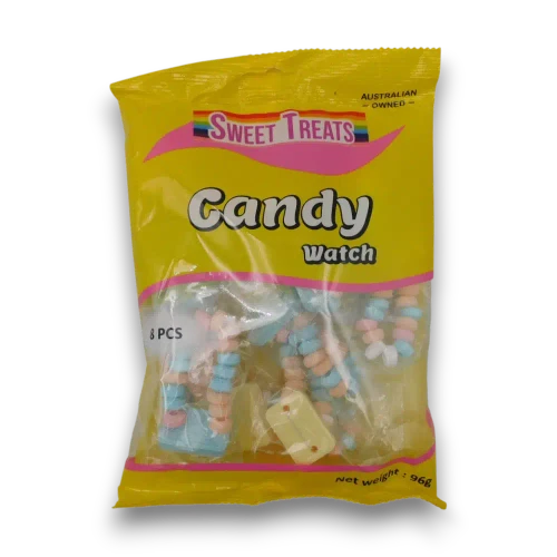 Sweet Treats Candy Watch 96g bag containing 8 individually wrapped 12g wearable candy watches at The Professors Online Lolly Shop.