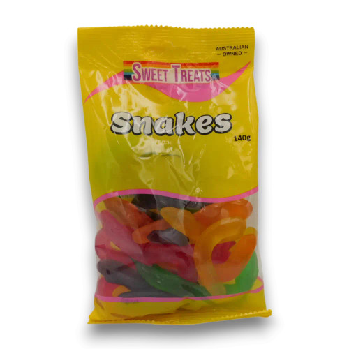 Sweet Treats Snakes 150g bag with colourful jelly snake lollies in assorted fruity flavours, available at The Professors Online Lolly Shop. Sweet Treats Snakes 150g bag with colourful jelly snake lollies in assorted fruity flavours, available at The Professors Online Lolly Shop.