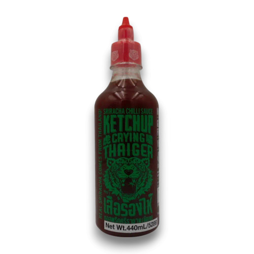 Crying Thaiger Sriracha Ketchup 440ml bottle with green cap and roaring tiger label, available at The Professors Crying Thaiger Sriracha Ketchup 440ml bottle with green cap and roaring tiger label, available at The Professors