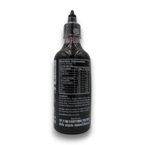 Super spicy Crying Thaiger Sriracha chilli blend in 440ml packaging for heat chasers, available at The Professors Online Lolly Shop.