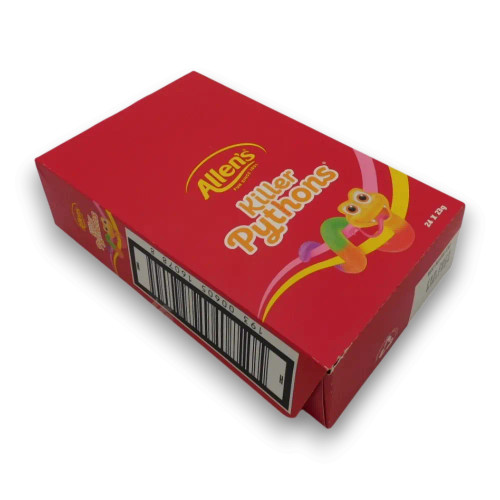 Allens Killer Pythons jelly snakes in a 24-pack display box, 23g each, available at The Professors Online Lolly Shop. Allens Killer Pythons jelly snakes in a 24-pack display box, 23g each, available at The Professors Online Lolly Shop.