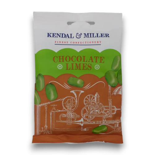 Kendal & Miller Chocolate Limes 170g bag showing green boiled sweets with chocolate centres, stocked at The Professors.