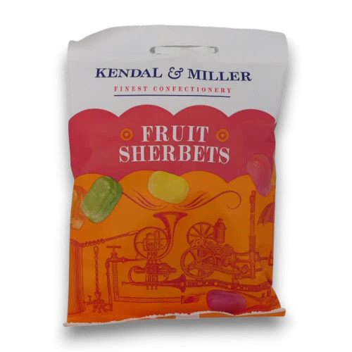 Kendal & Miller Fruit Sherbets 170g bag showcasing assorted fruit-flavoured boiled sweets with sherbet centres. Kendal & Miller Fruit Sherbets 170g bag showcasing assorted fruit-flavoured boiled sweets with sherbet centres.
