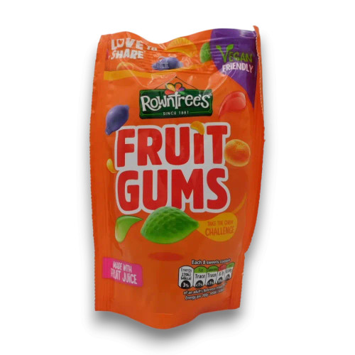 Rowntree’s Fruit Gums 150g bag featuring assorted fruit-flavoured gums, stocked at The Professors Online Lolly Shop.