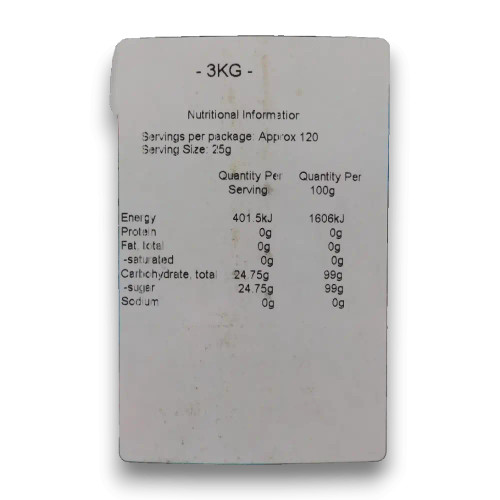 Nutritional information of Maxons Stupidly Sour Assorted Flavours 3kg jar.