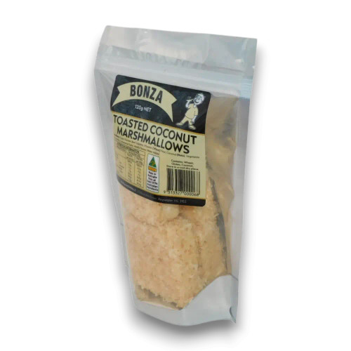 Bonza Toasted Coconut Marshmallows coated in toasted coconut, stocked at The Professors Online Lolly Shop.