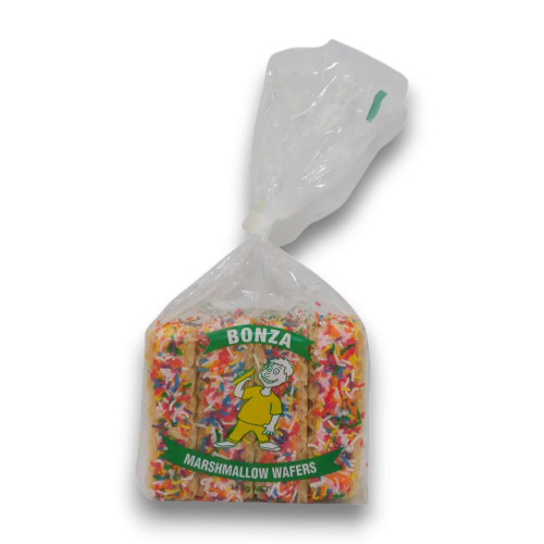 Bonza Marshmallow Wafers Neapolitan 160g bag with four ~40g wafers, available at The Professors Online Lolly Shop. Bonza Marshmallow Wafers Neapolitan 160g bag with four ~40g wafers, available at The Professors Online Lolly Shop.