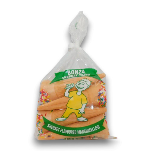 Bonza Sherbet Marshmallow Cones 150g bag with ~4 x 37g pcs, available at The Professors Online Lolly Shop. Bonza Sherbet Marshmallow Cones 150g bag with ~4 x 37g pcs, available at The Professors Online Lolly Shop.