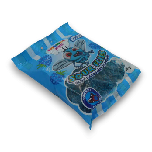 Vidal Sour Flies 140g bag showing blue raspberry gummies, available at The Professors Online Lolly Shop.