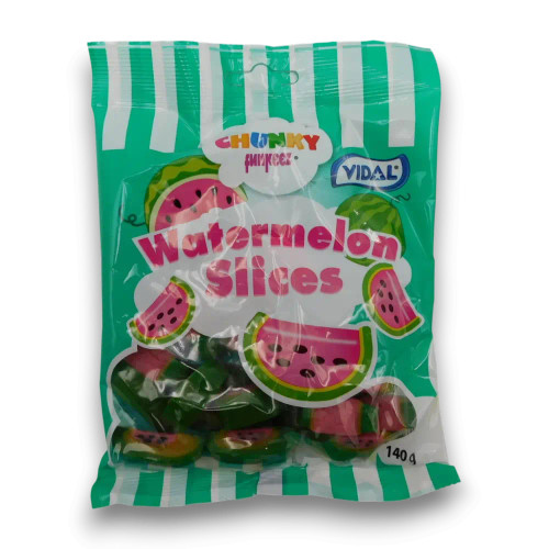 Vidal Chunky Funkeez Watermelon Slices 140g bag featuring pink and green gummy slices, available at The Professors Online Lolly Shop. Vidal Chunky Funkeez Watermelon Slices 140g bag featuring pink and green gummy slices, available at The Professors Online Lolly Shop.