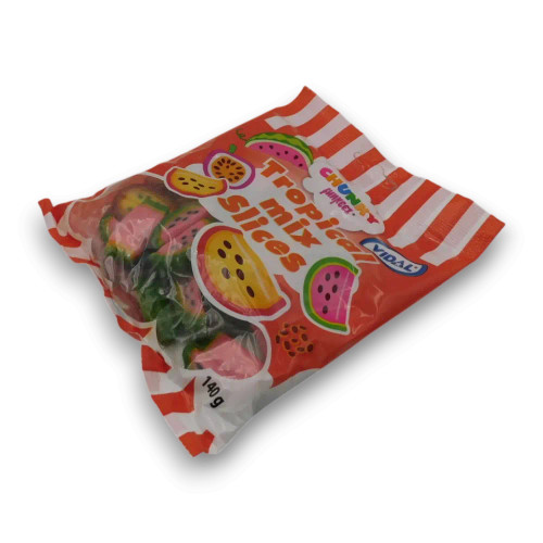 Vidal Chunky Funkeez Tropical Mix Slices 140g bag, showing fun fruit shapes, available at The Professors Online Lolly Shop.