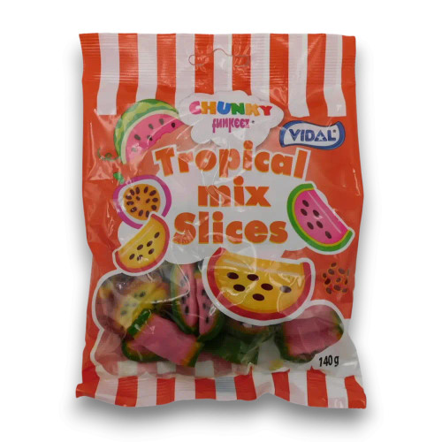Vidal Chunky Funkeez Tropical Mix Slices 140g bag with colourful fruity gummy shapes, available at The Professors Online Lolly Shop. Vidal Chunky Funkeez Tropical Mix Slices 140g bag with colourful fruity gummy shapes, available at The Professors Online Lolly Shop.