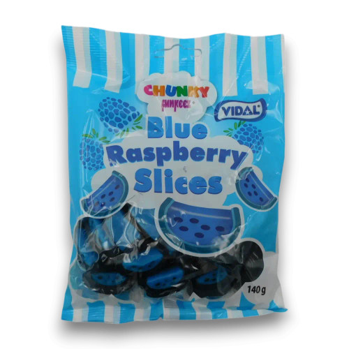 Vidal Chunky Funkeez Blue Raspberry Slices 140g bag featuring jelly wedge-shaped lollies, available at The Professors Online Lolly Shop. Vidal Chunky Funkeez Blue Raspberry Slices 140g bag featuring jelly wedge-shaped lollies, available at The Professors Online Lolly Shop.