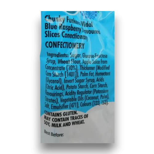 Ingredients list of Vidal - Chunky Funkeez - Blue Raspberry Slices (140g bag).