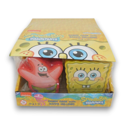 Spongebob and Patrick character-shaped candy containers with chewy Zappo Millions candy, in 12 x 10g display unit from The Professors Online Lolly Shop.