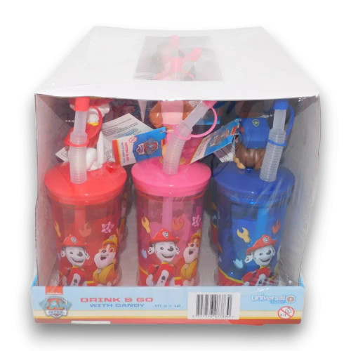 Fun and reusable Paw Patrol Drink & Go lollipop novelty cups with characters, 12-piece display, available at The Professors.