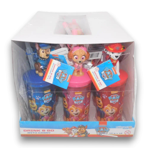 Paw Patrol Drink & Go tumblers with Chase and Skye toppers and candy, in a 12 x 10g unit, at The Professors Online Lolly Shop.