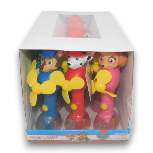 Assorted Paw Patrol Funky Fans with Chase, Skye, and Marshall figures and jelly candy, available at The Professors Online Lolly Shop.
