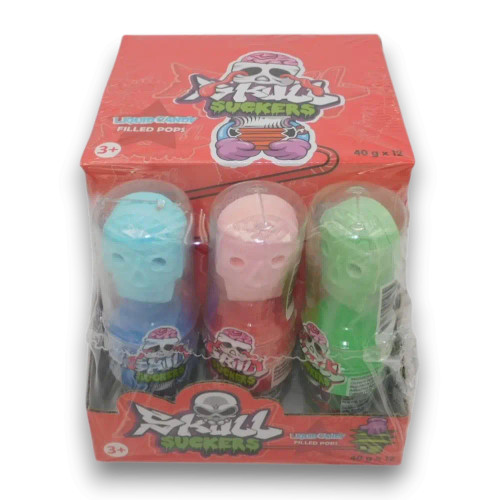 Spooky Skull Suckers Gel Pops by Crazy Candy Factory, fruity and sour liquid lollipops in 12-piece display, available at The Professors.
