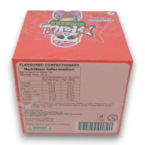 Crazy Candy Factory Skull Suckers in assorted flavours, novelty sour candy pops 40g, available at The Professors Online Lolly Shop.