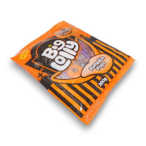 Halloween-themed Big Lolly Pumpkin Pops in 200g packaging, featuring festive pumpkin graphics, available at The Professors.