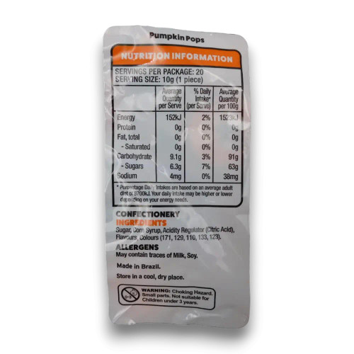 Nutritional panel of Big Lolly - Pumpkin Pops (200g bag | 18 x 10g pops).