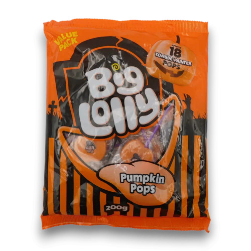 Big Lolly Pumpkin Pops 200g bag with 18 individually wrapped Halloween lollipops, available at The Professors Online Lolly Shop. Big Lolly Pumpkin Pops 200g bag with 18 individually wrapped Halloween lollipops, available at The Professors Online Lolly Shop.