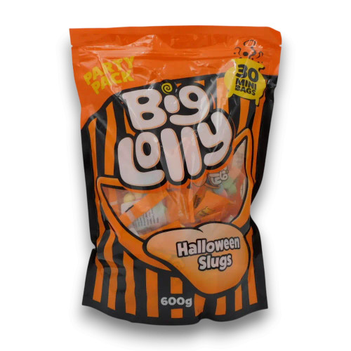 Big Lolly Halloween Slugs 600g party bag with ~30 mini bags of fruity jelly sweets, available at The Professors Online Lolly Shop. Big Lolly Halloween Slugs 600g party bag with ~30 mini bags of fruity jelly sweets, available at The Professors Online Lolly Shop.