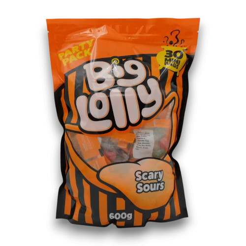 Big Lolly Scary Sours 600g party bag with ~30 mini bags of sour lollies, available at The Professors Online Lolly Shop. Big Lolly Scary Sours 600g party bag with ~30 mini bags of sour lollies, available at The Professors Online Lolly Shop.