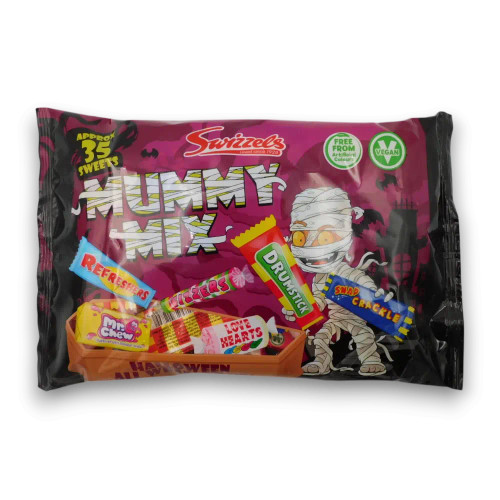 Swizzels Mummy Mix 340g bag with assorted Halloween sweets, available at The Professors Online Lolly Shop. Swizzels Mummy Mix 340g bag with assorted Halloween sweets, available at The Professors Online Lolly Shop.