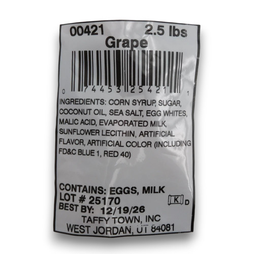 Nutritional panel of Taffy Town Grape Salt Water Taffy 1.13kg.