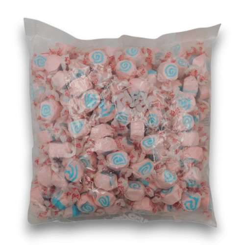 Cotton candy flavoured pastel pink and blue salt water taffy in 1.13kg bag by Taffy Town, available at The Professors Online Lolly Shop. Cotton candy flavoured pastel pink and blue salt water taffy in 1.13kg bag by Taffy Town, available at The Professors Online Lolly Shop.